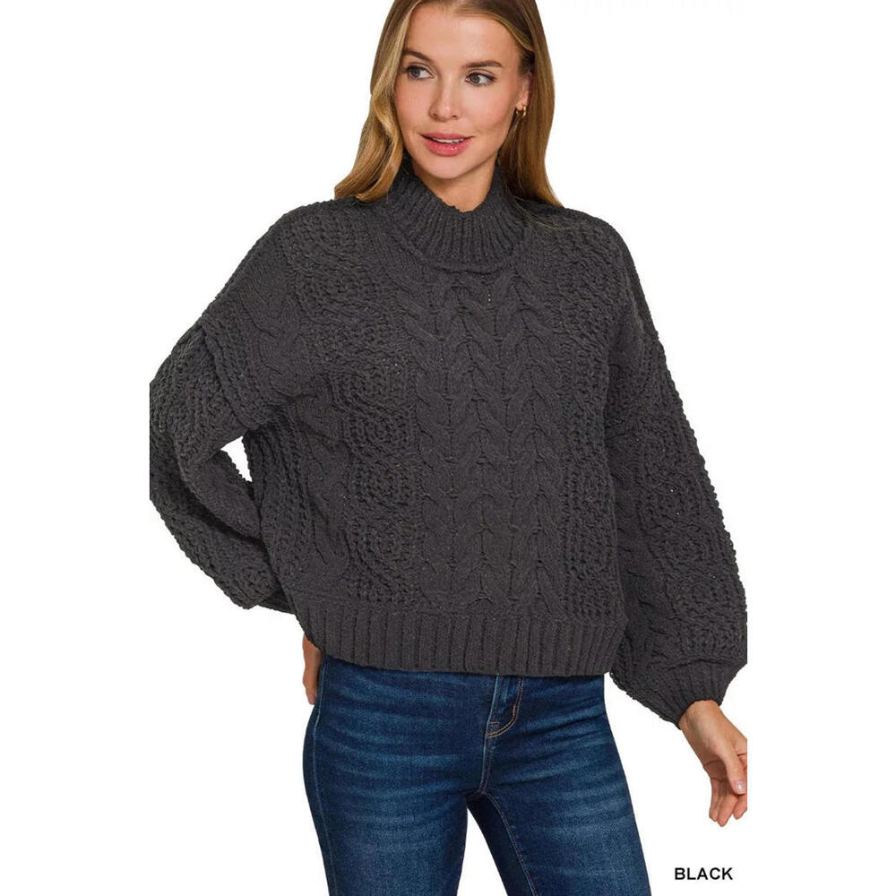 Zenana Cable-Knit Ribbed Turtleneck Sweater
